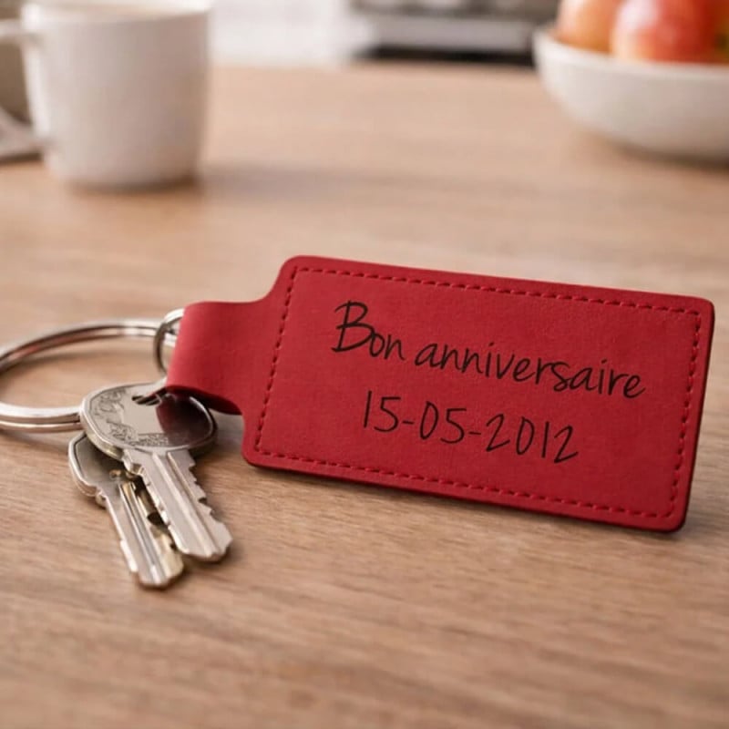 Porte clé cuir rectangle rouge personnalisé