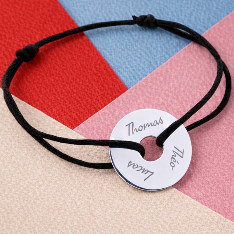 Bracelet disque argent avec cordon noir