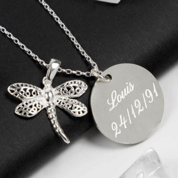 Collier libellule argent gravé texte