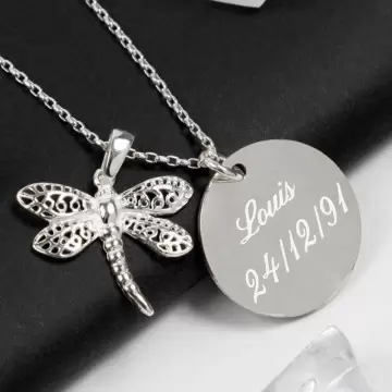 Collier libellule argent gravé texte