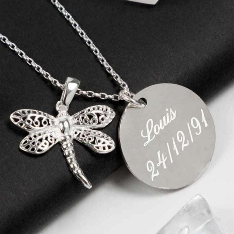 Collier libellule argent gravé texte