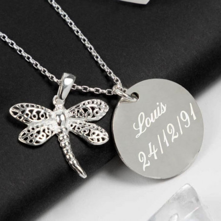 Collier libellule argent gravé texte