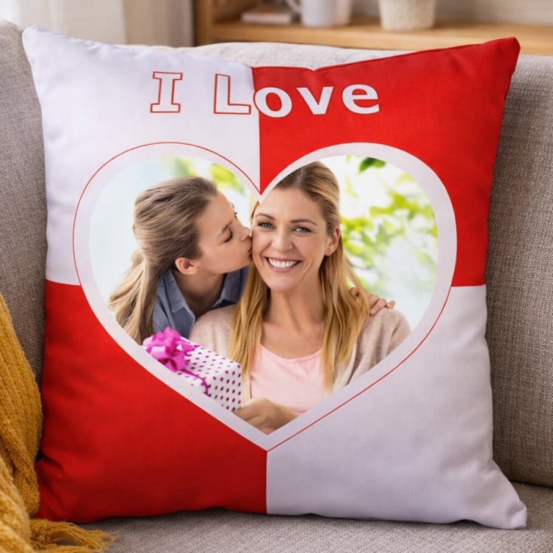 Coussin I Love rouge personnalisé photo