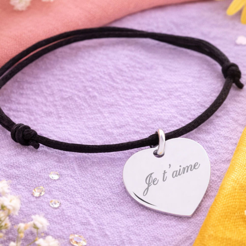 Bracelet cordon cœur argent  personnalisé