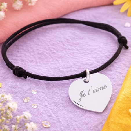 Bracelet cordon cœur argent  personnalisé gravé
