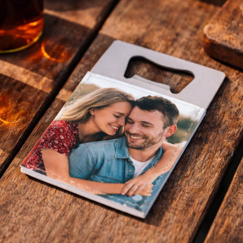 Décapsuleur cuir et métal personnalisé avec photo