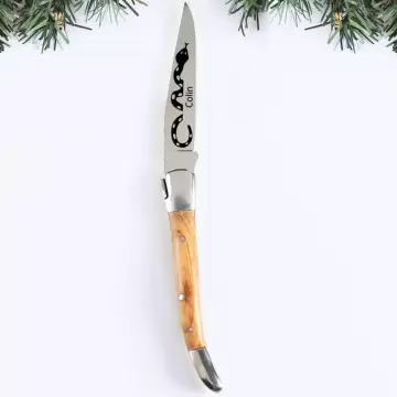 Couteau manche olivier gravé design tatouage