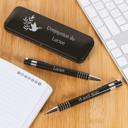 Coffret stylo bille et porte mine noir communion gravé