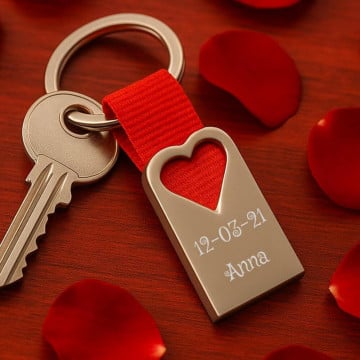 Porte clé cœur métal tissu rouge gravé