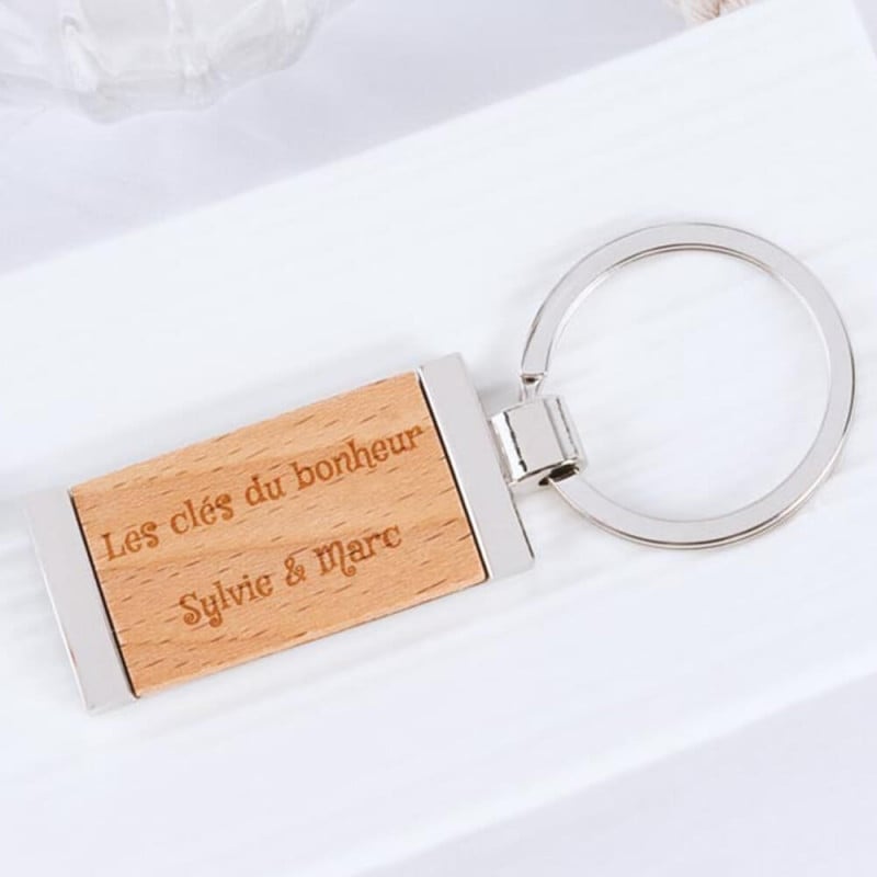 Porte-clés rectangle bois et métal gravé