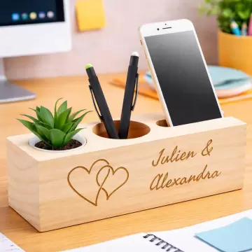 Organiseur de bureau bois gravé personnalisé