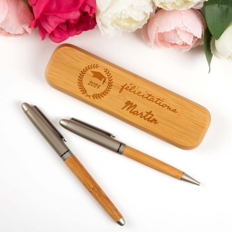 Coffret bois 2 stylos félicitation à personnaliser