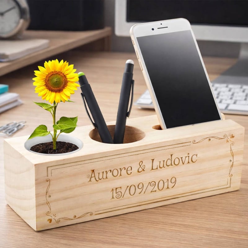 Organiseur de bureau bois avec gravure arabesque