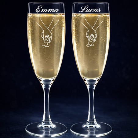 2 flûtes à champagne mains entrelacées personnalisées texte