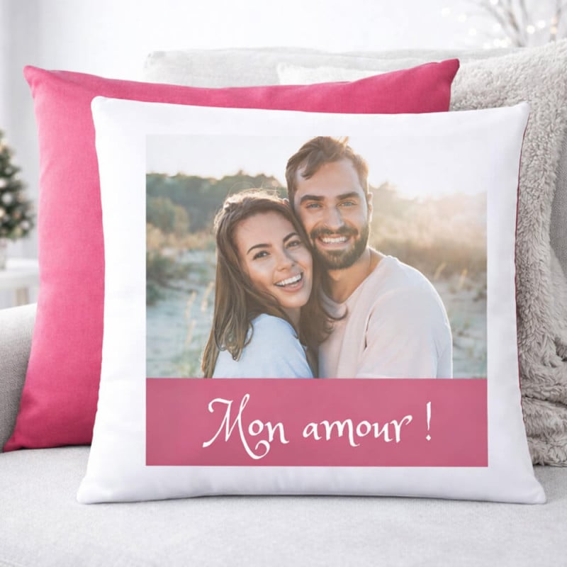 coussin bicolore fuchsia personnalisé photo