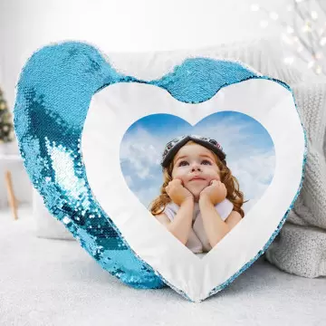Coussin sequin cœur bleu personnalisé
