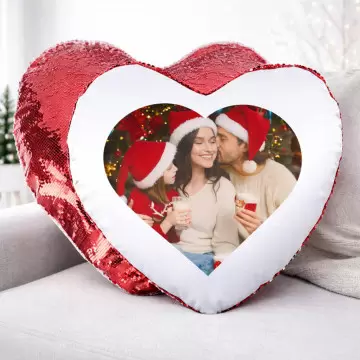 Coussin sequin cœur rouge personnalisé photo