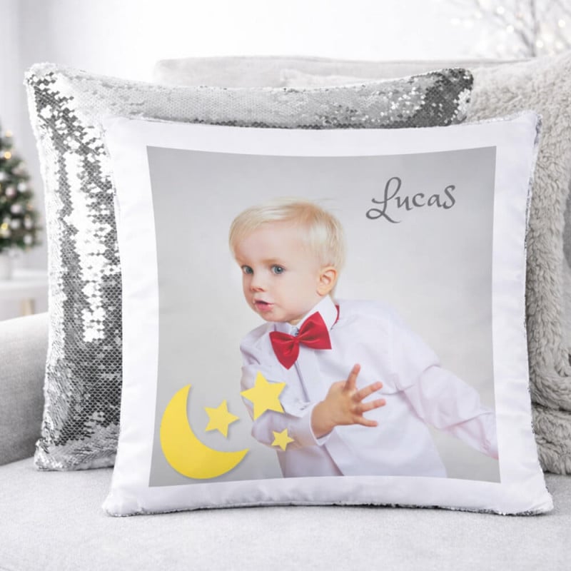 Coussin à sequin argent blanc personnalisé