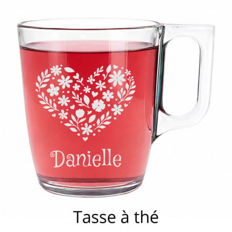 Tasse à thé coeur fleur pour maman gravé