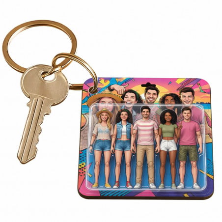 porte clé carré bois effet figurines articulées