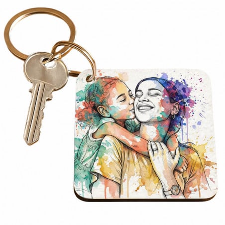 Porte clé carré bois effet aquarelle colorée