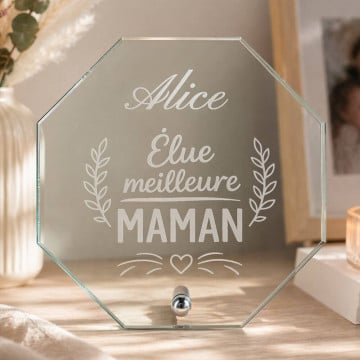 Trophée octogonal verre élu meilleure maman gravé