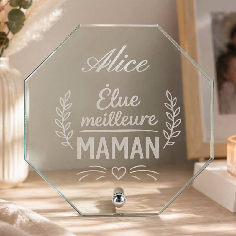 Trophée octogonal verre élu meilleure maman gravé
