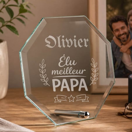 Trophée octogonal verre élu meilleur papa gravé