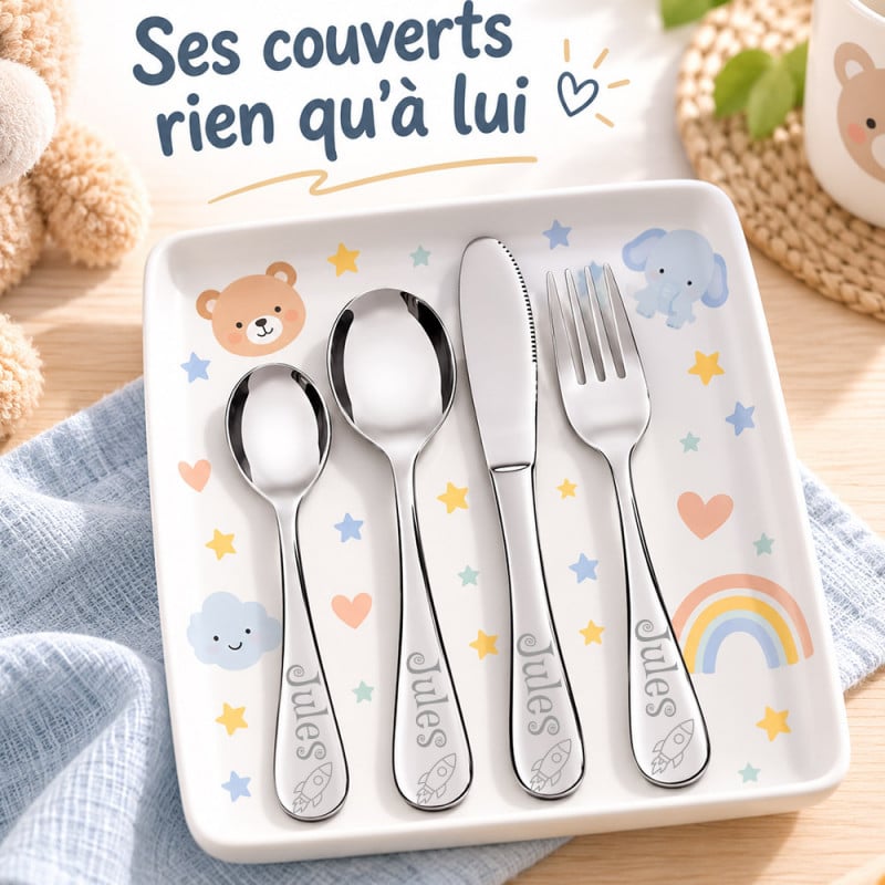 Coffret de couverts enfant ourson avec gravure texte