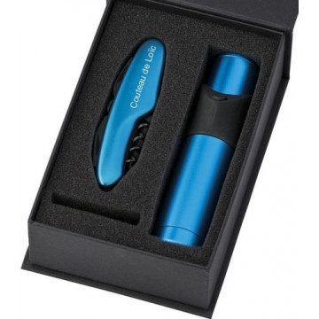 Coffret gravé lampe de poche et couteau