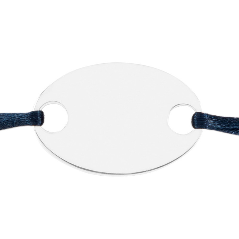Bracelet cordon bleu foncé avec plaque ovale en argent gravée
