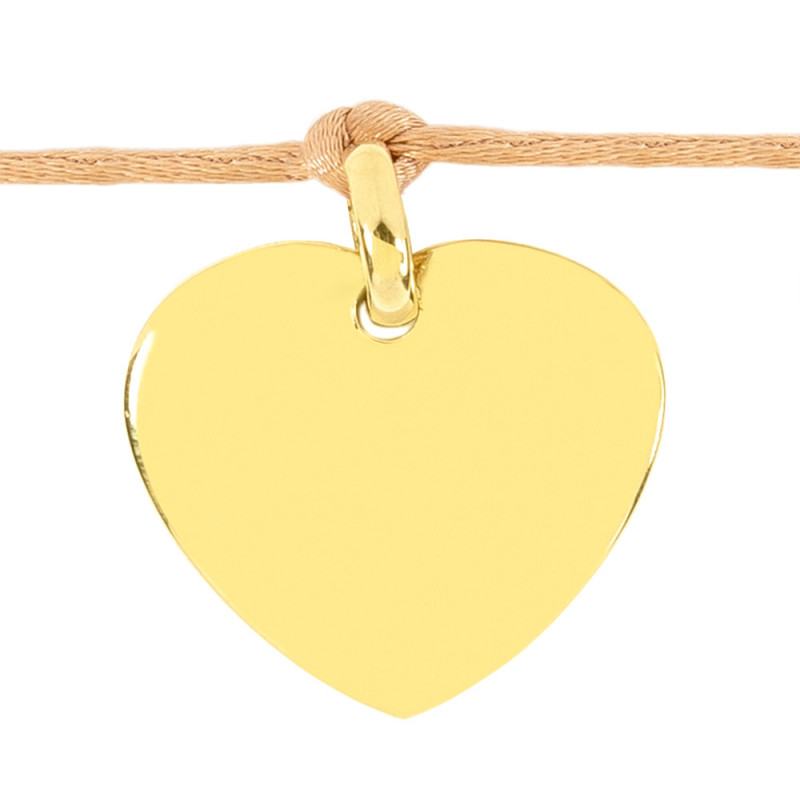 Bracelet cœur en plaqué or avec cordon beige foncé et personnalisation texte