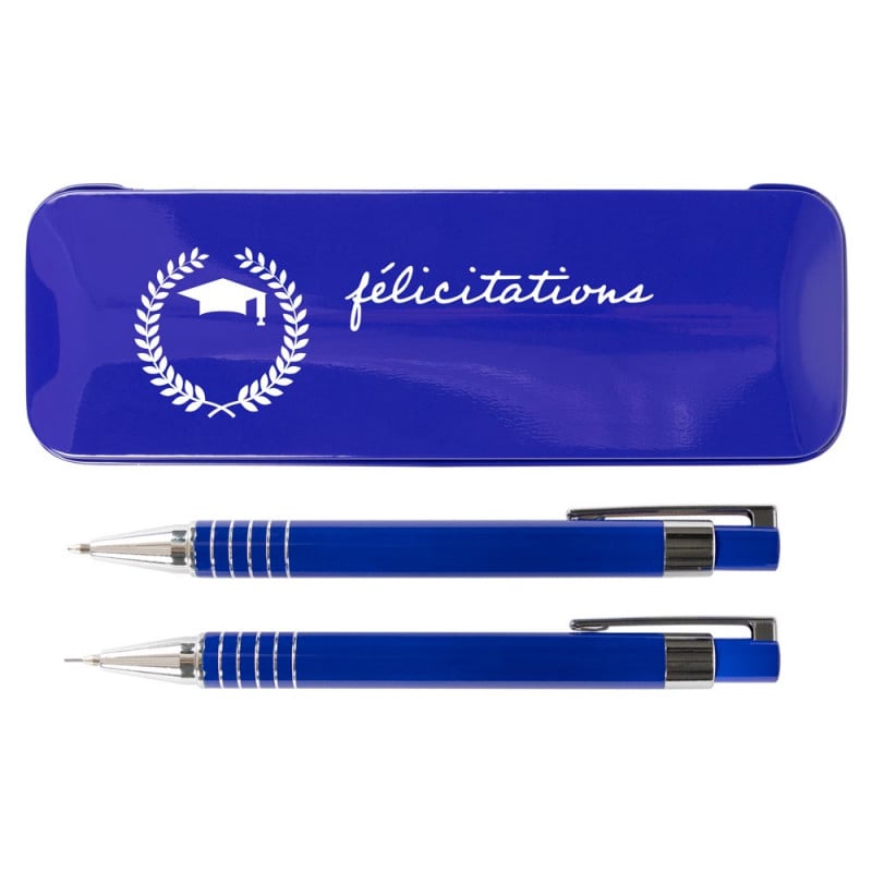 Coffret stylo et porte mine bleu avec design félicitation