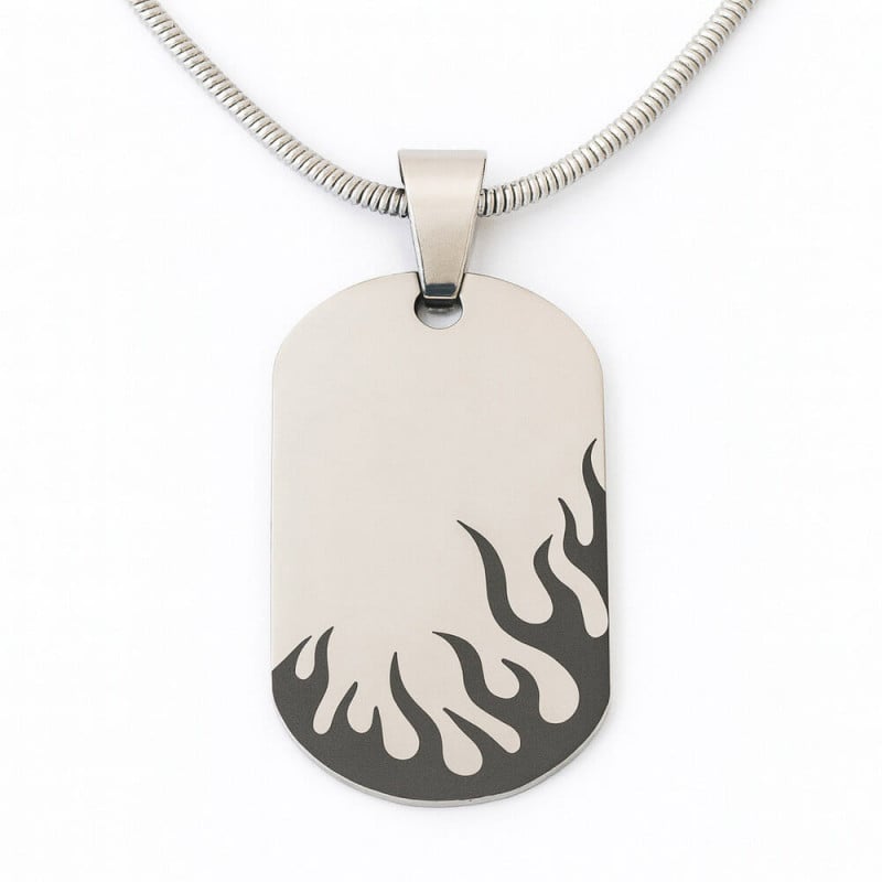Collier homme plaque flamme personnalisé texte